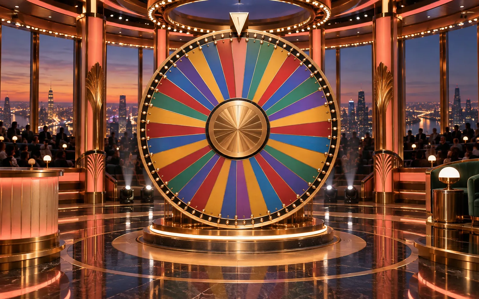 Editorial visualisation of a colourful game-show wheel in a tower studio