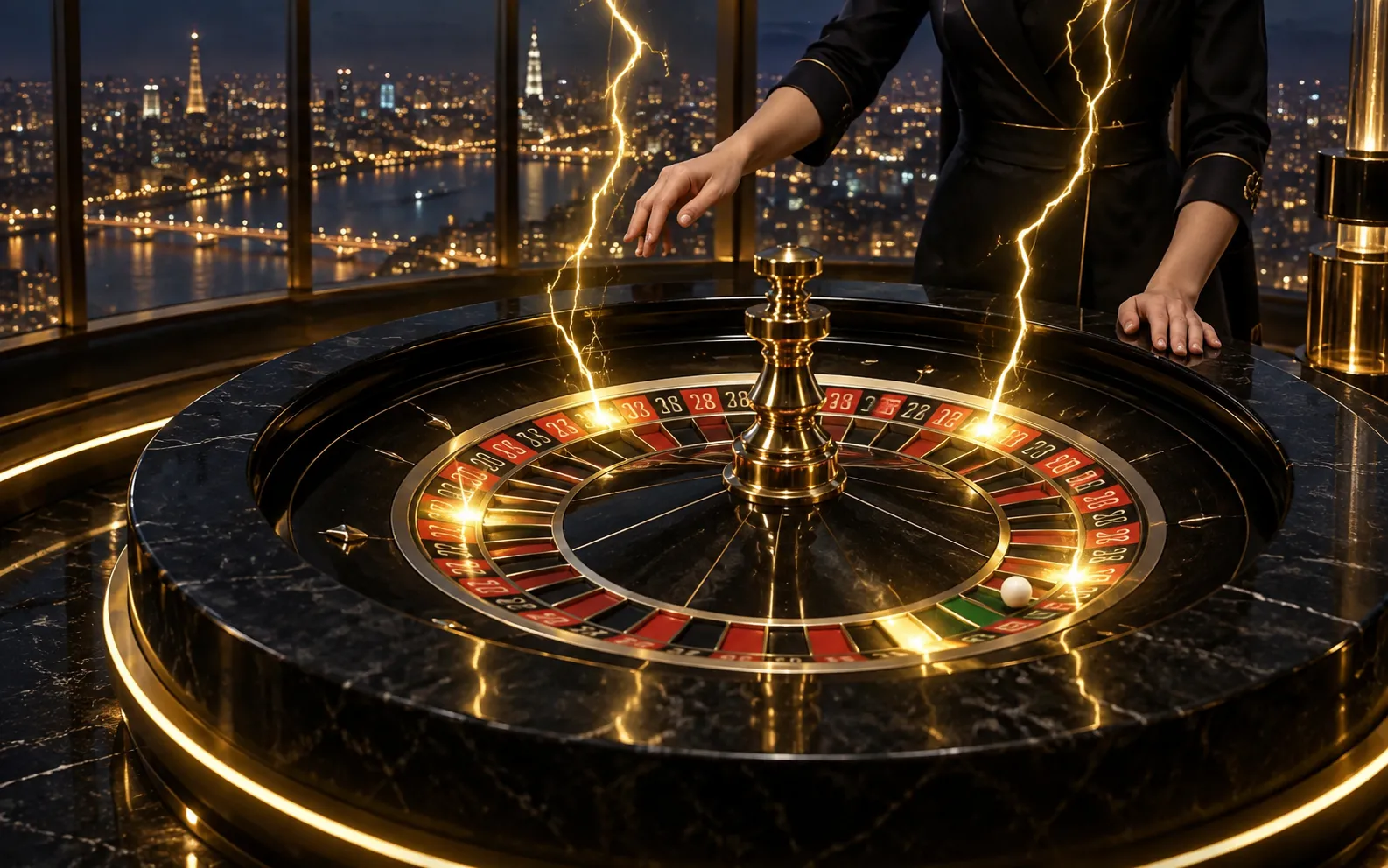 Editorial visualisation of a lightning roulette wheel above a night city