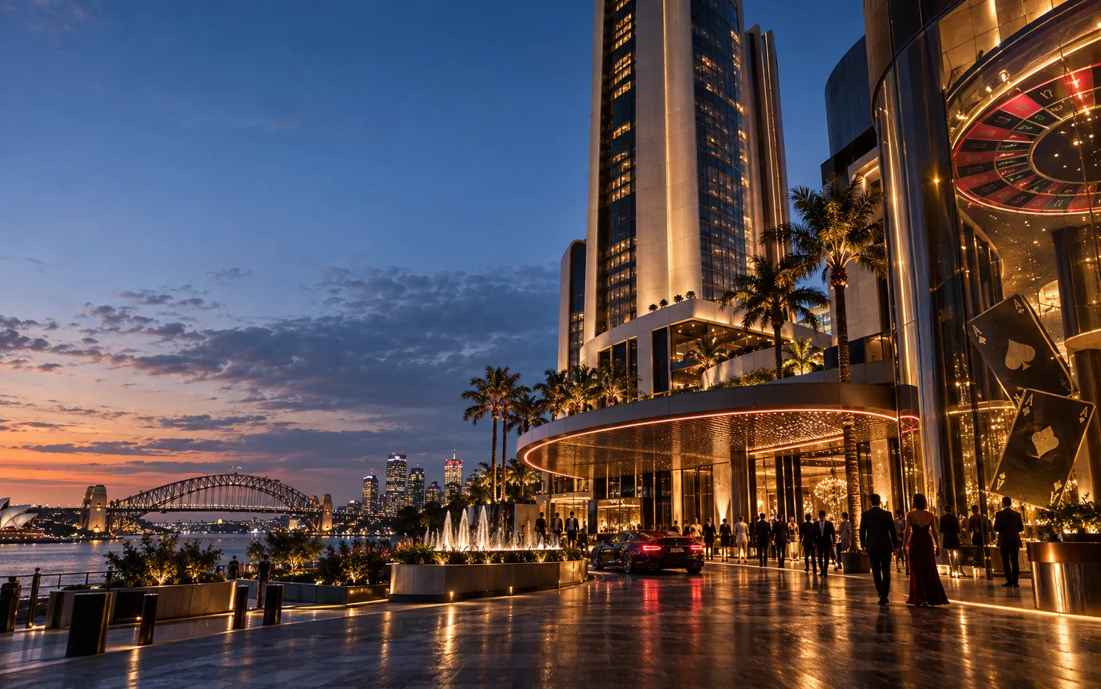 A contemporary casino tower above a neon entertainment district at blue hour